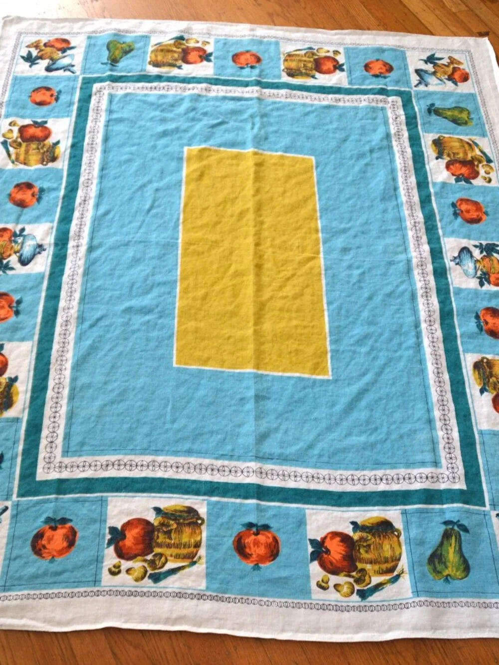 Vintage Mid-Century 100% Linen Tablecloth Fruit Turquoise Gold 57