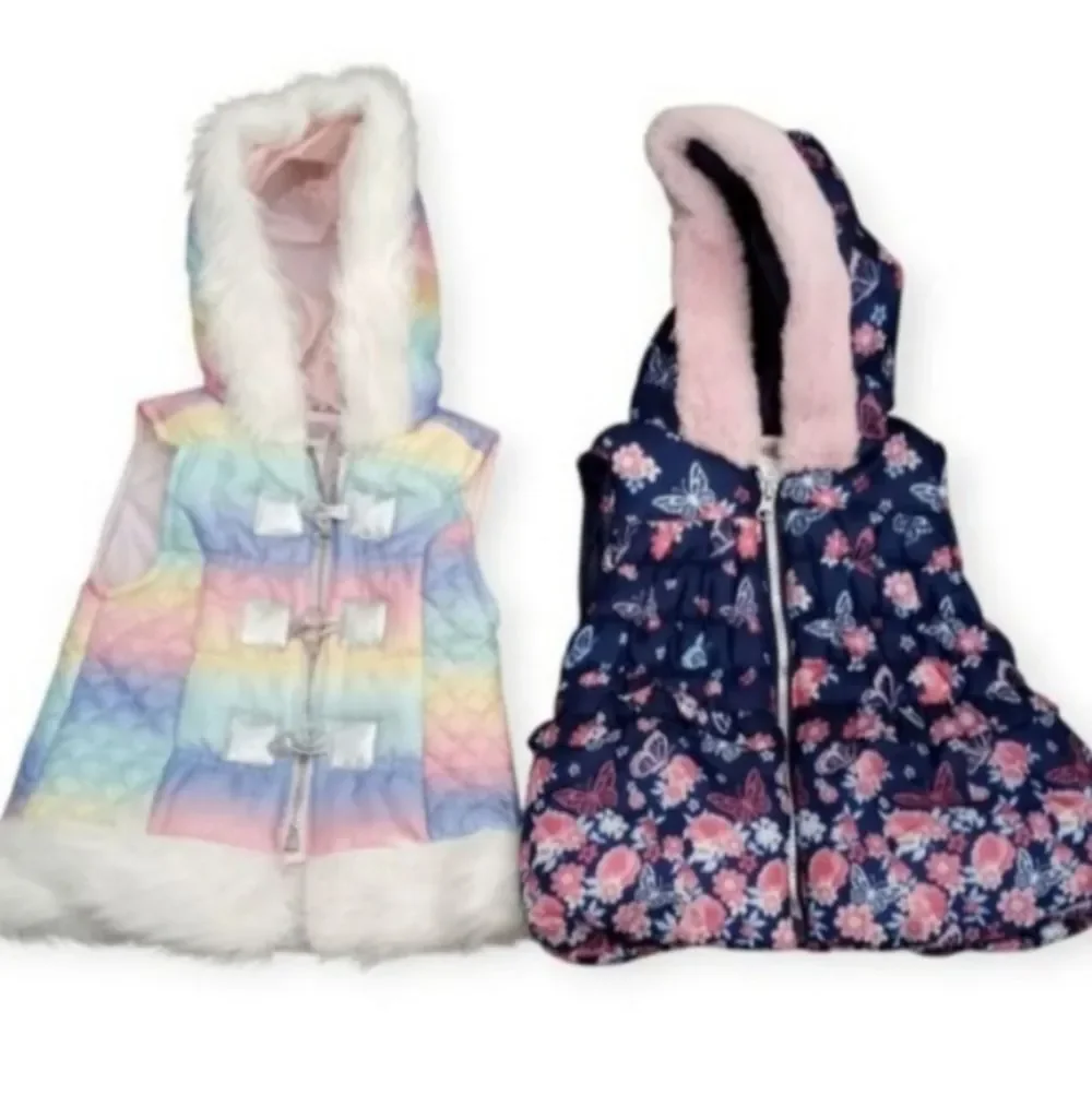 Little Lass Girls Rainbow & Navy Hooded Vests Faux Fur Trim Sz.2T Bundle EUC.
