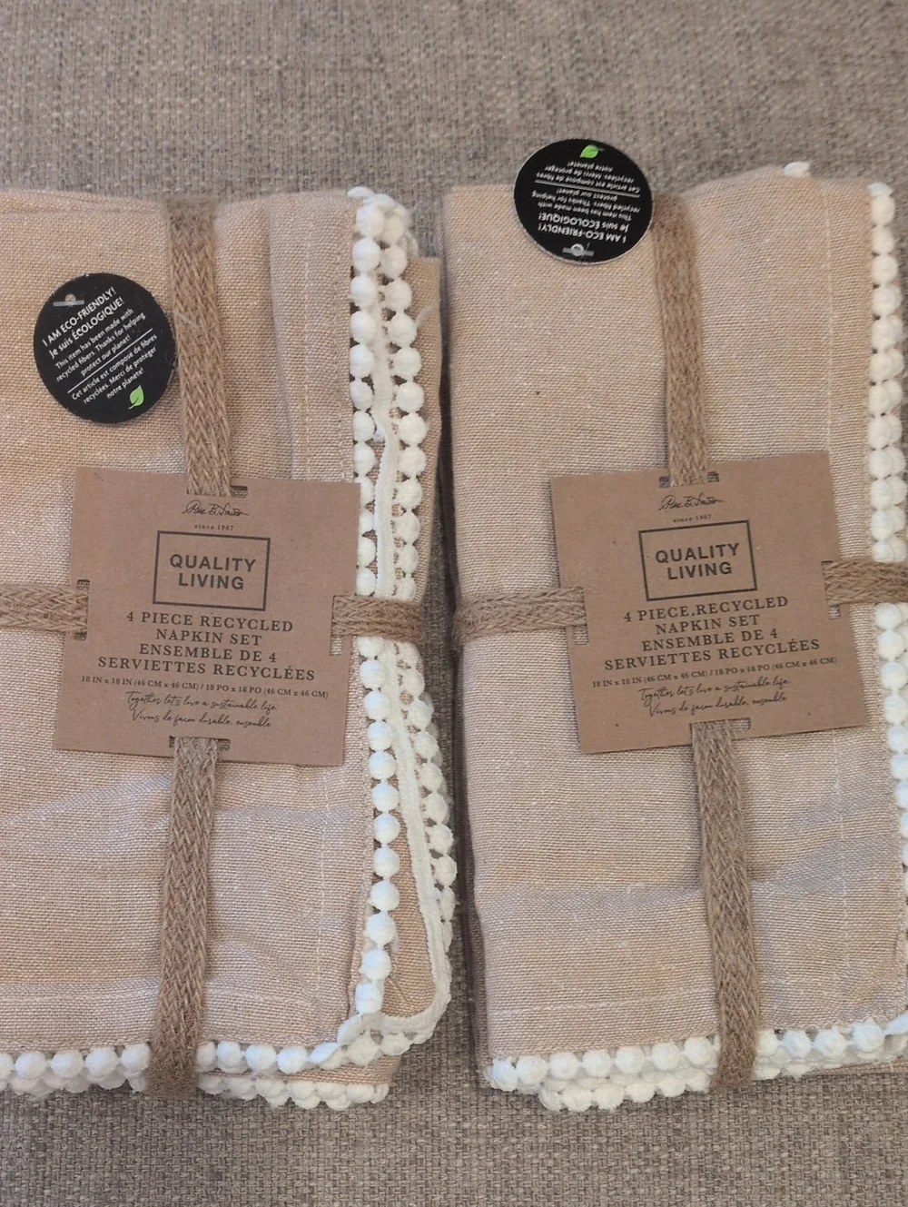 NWT  Set Of Two Beige Recycled Napkin Set - 4 Piece x 2= 8 Napkins