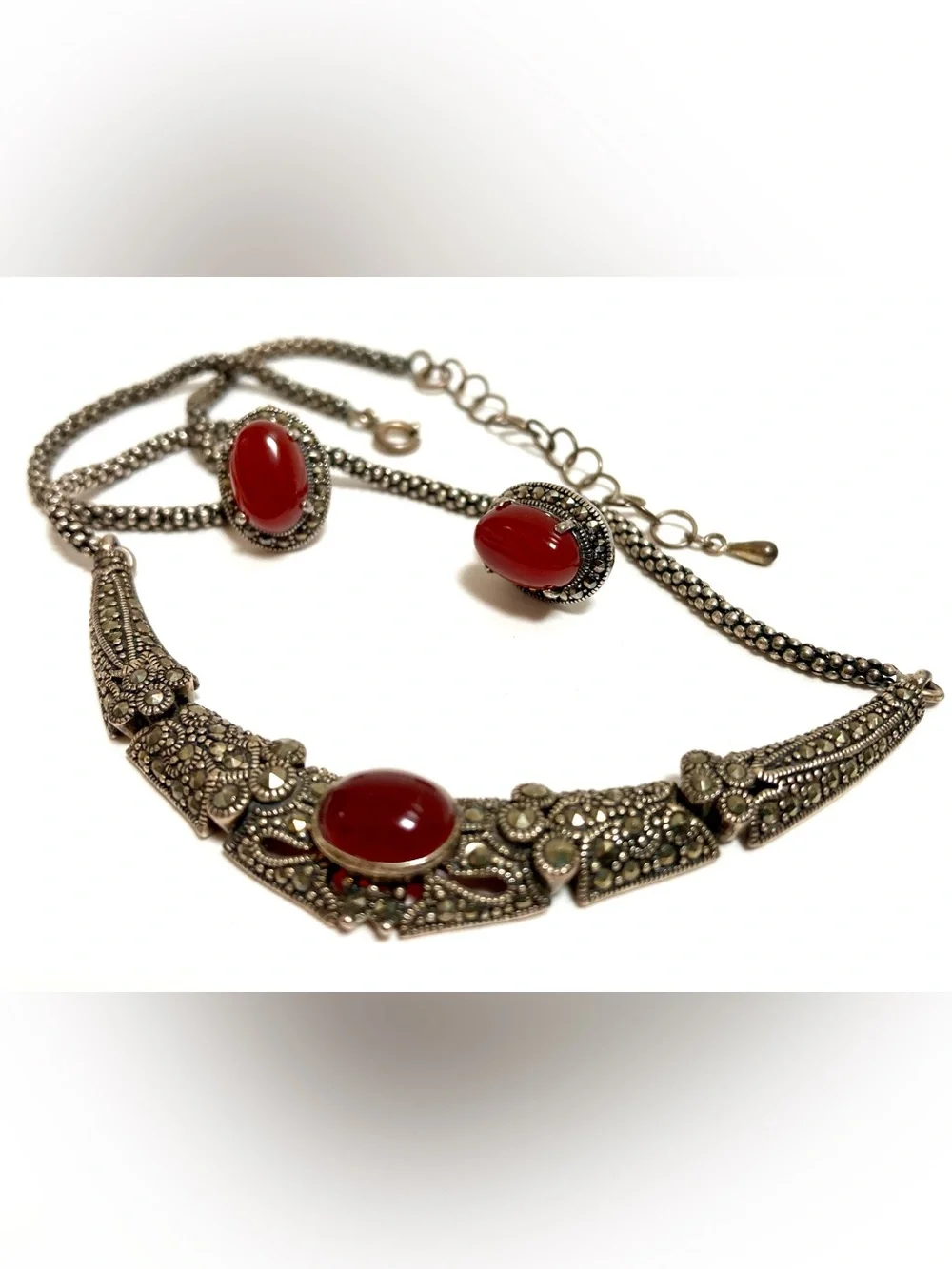 925 Sterling Silver Carnelian & Marcasite Jewelry Set