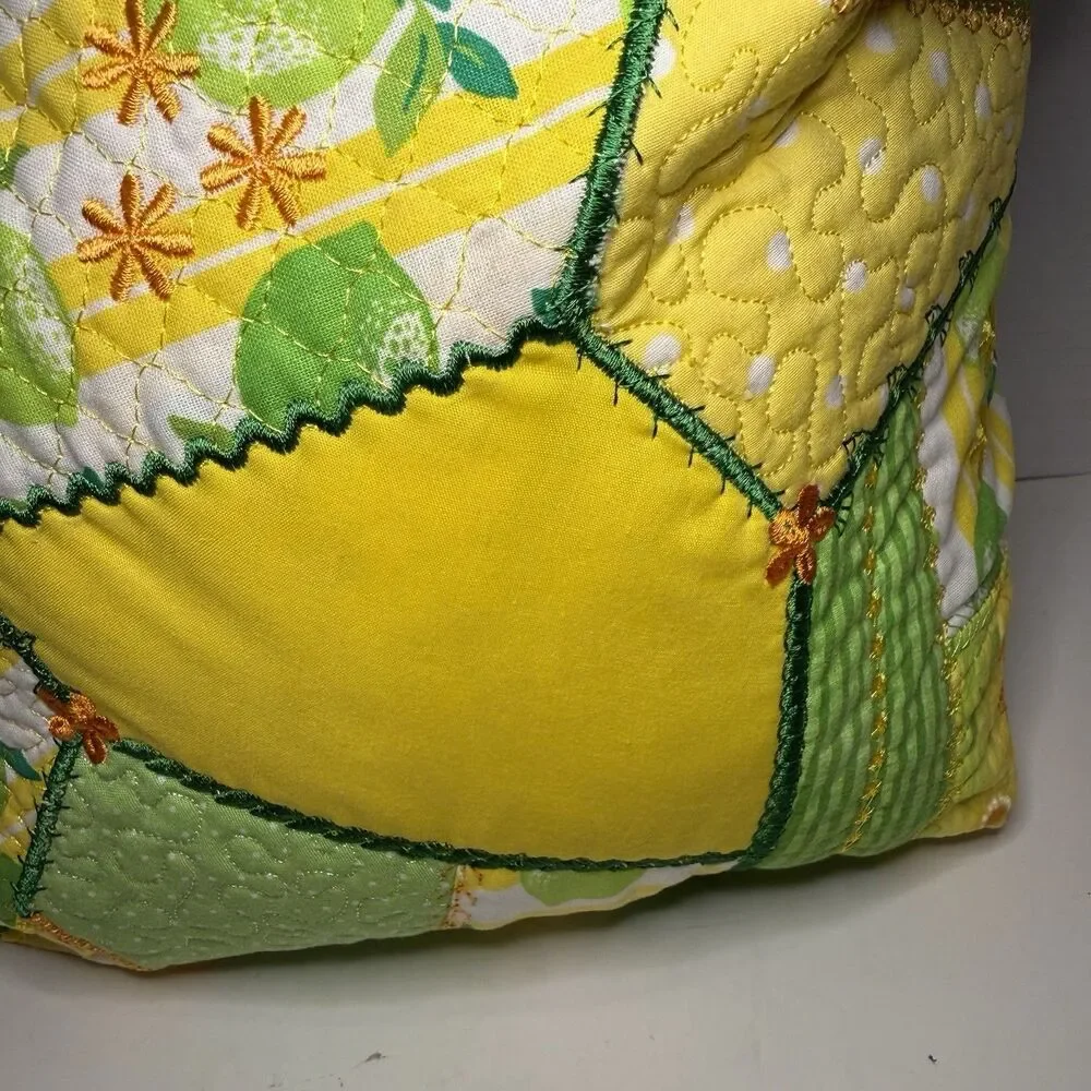 Handmade Quilted Lemon Patchwork Tote Bag Cottagecore Farmer Market Shoulder Bag