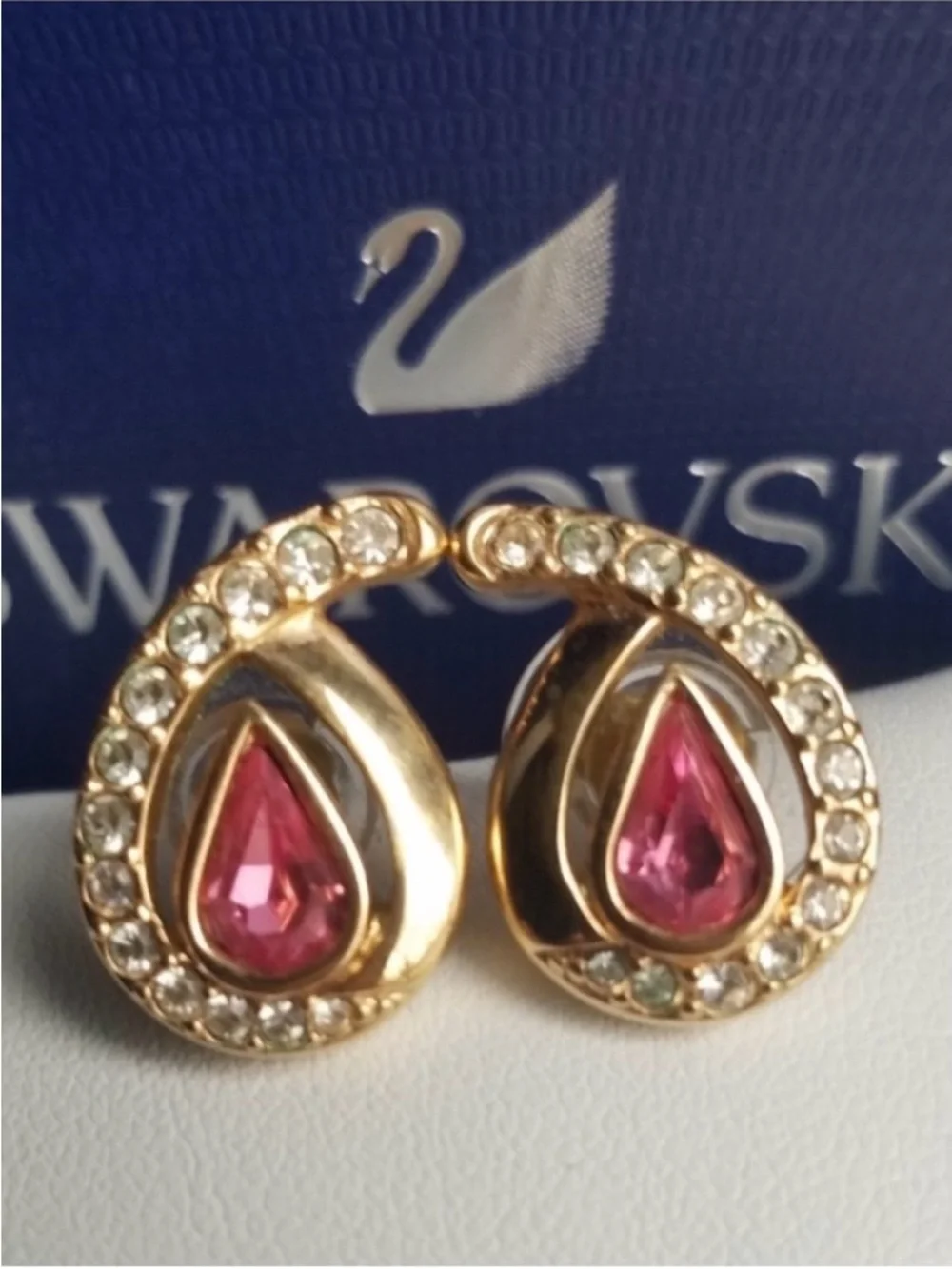 AUTHENTIC Swarovski 24k Gold Plated Pink Teardrop Earrings Vintage RARE