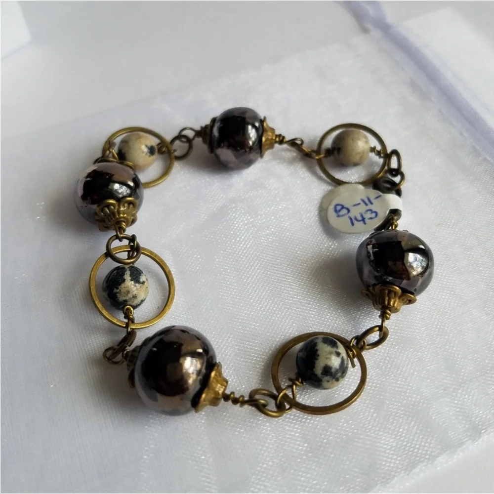 Genuine Dalmatian Jasper Gemstone & Ceramic Beads Brass Mixed Media Bracelet NEW