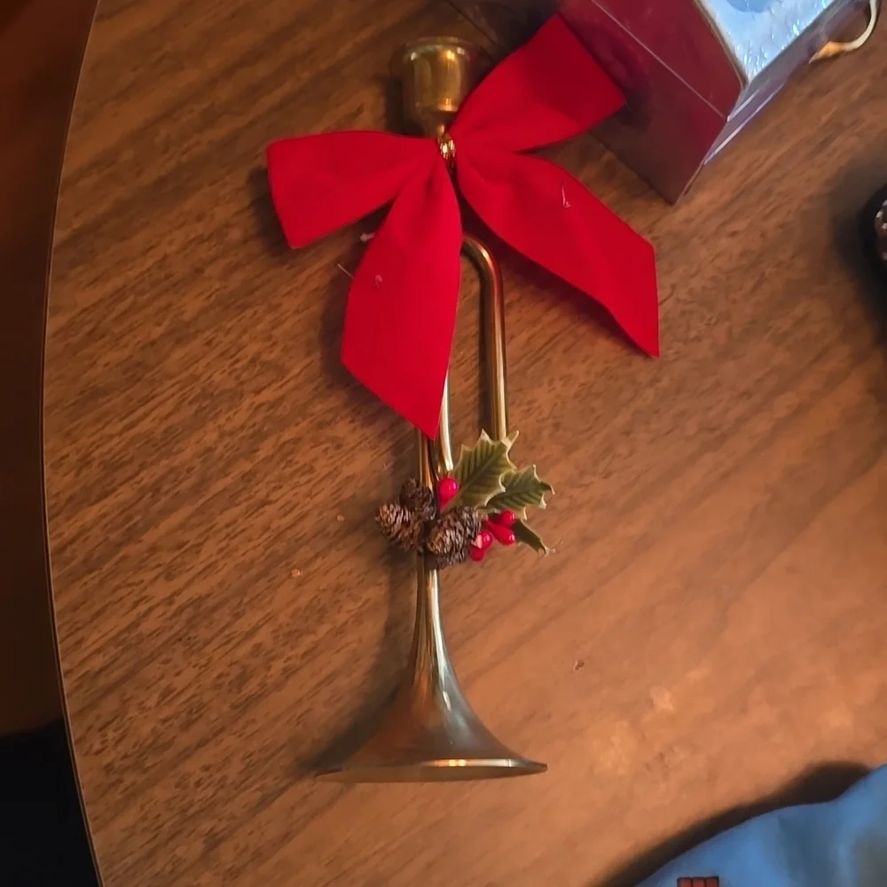 Brass trumpet Christmas candle holder