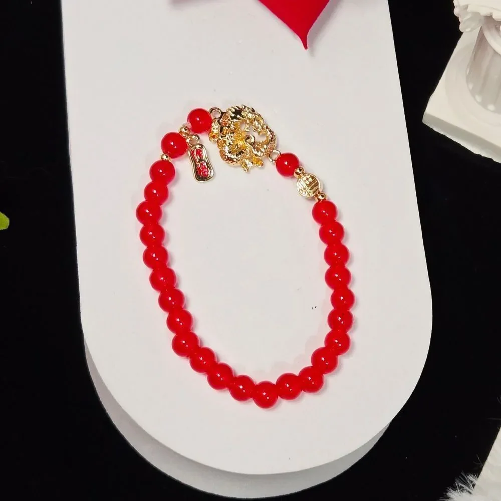 Red Glass Beaded Pixiu Dragon Bracelet – Feng Shui Wealth Charm Medallion Gift