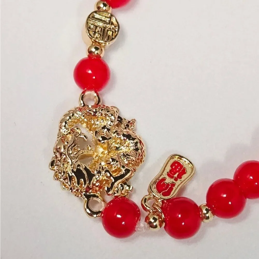 Red Glass Beaded Pixiu Dragon Bracelet – Feng Shui Wealth Charm Medallion Gift