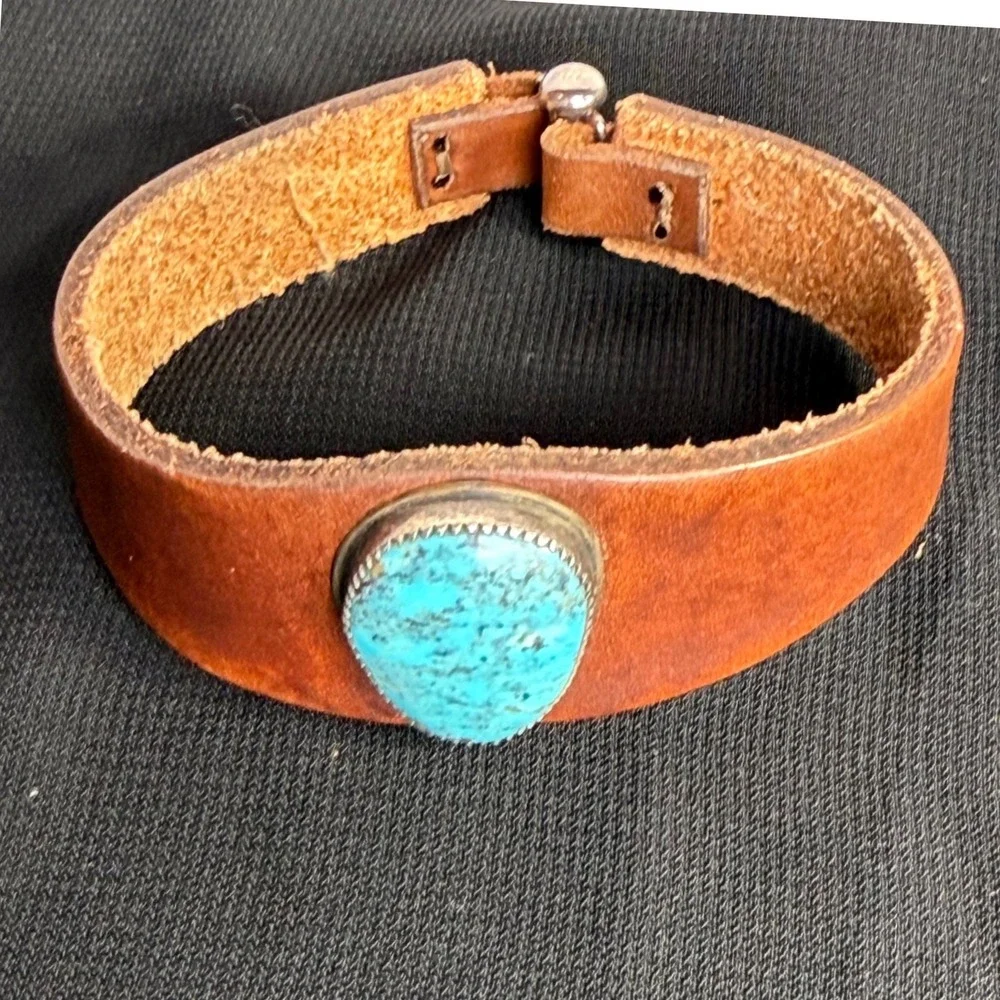 Southwestern Leather Cuff Bracelet Turquoise Sterling Silver 925 Toggle Brown 8
