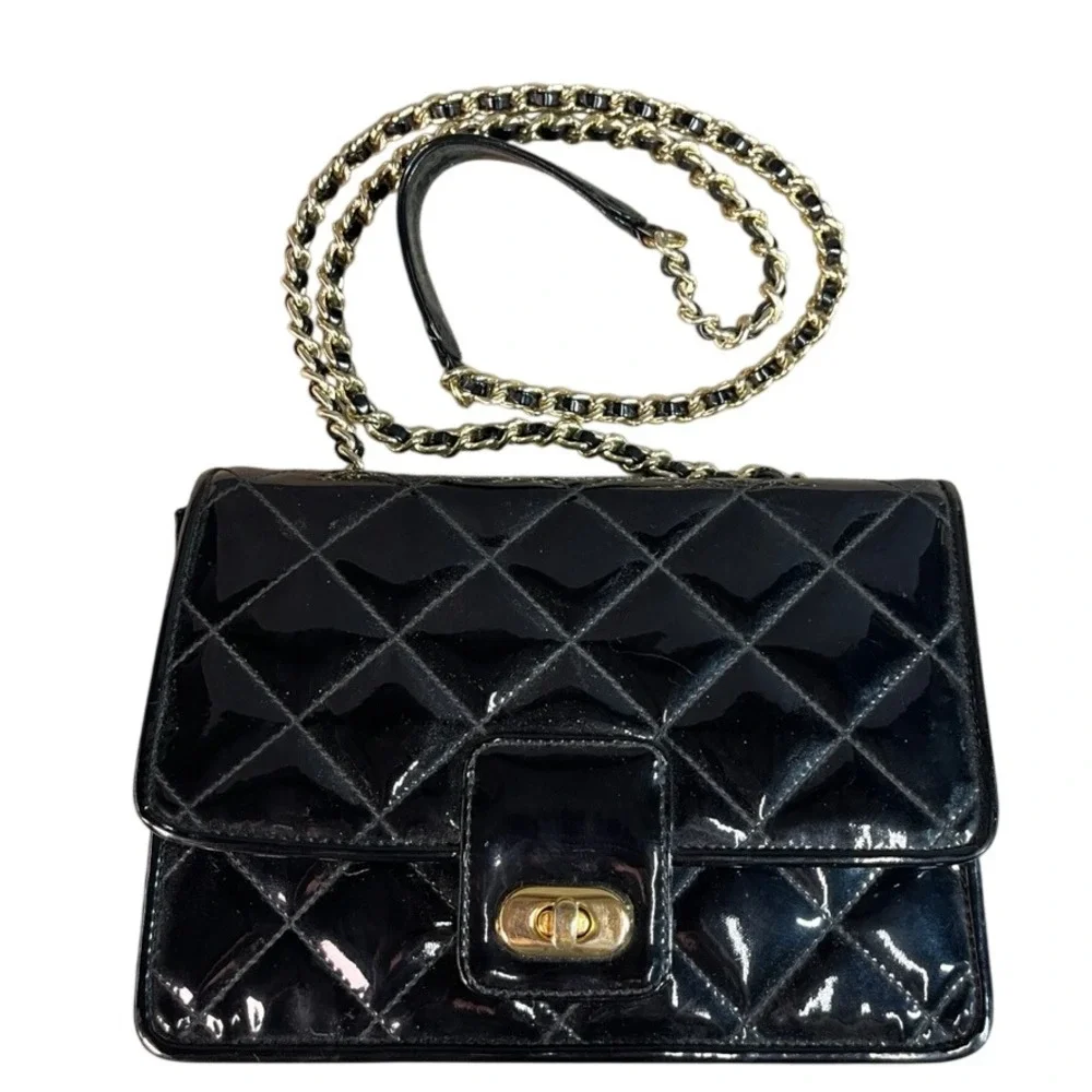 Giani Bernini Black Quilted Patent Leather Crossbody Bag Gold Chain Strap