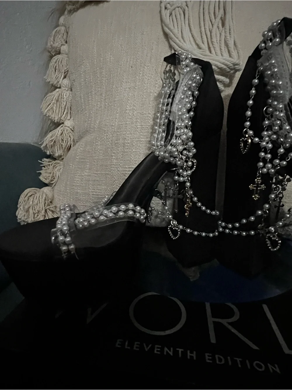 Black Pearl-Embellished Platform Heels