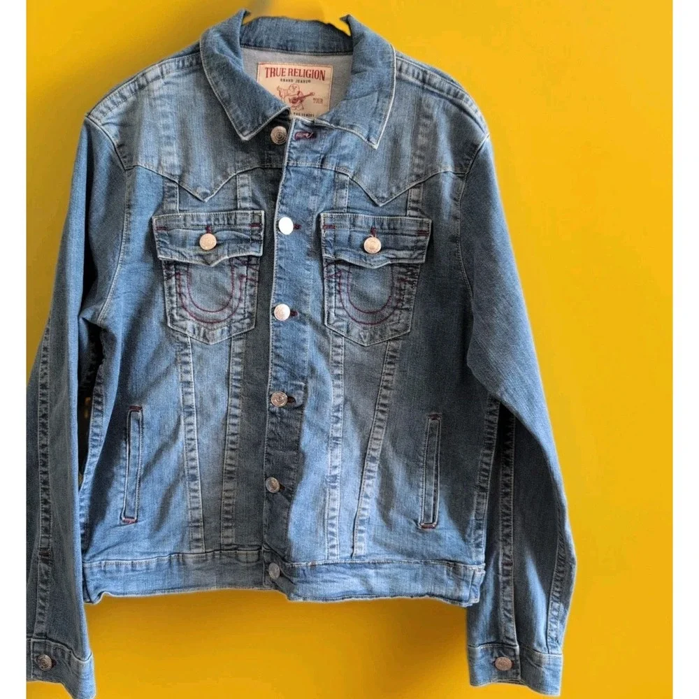 True Religion Men's Blue Stretch Denim Trucker Jacket  Pockets Sz Lrg NWT $159