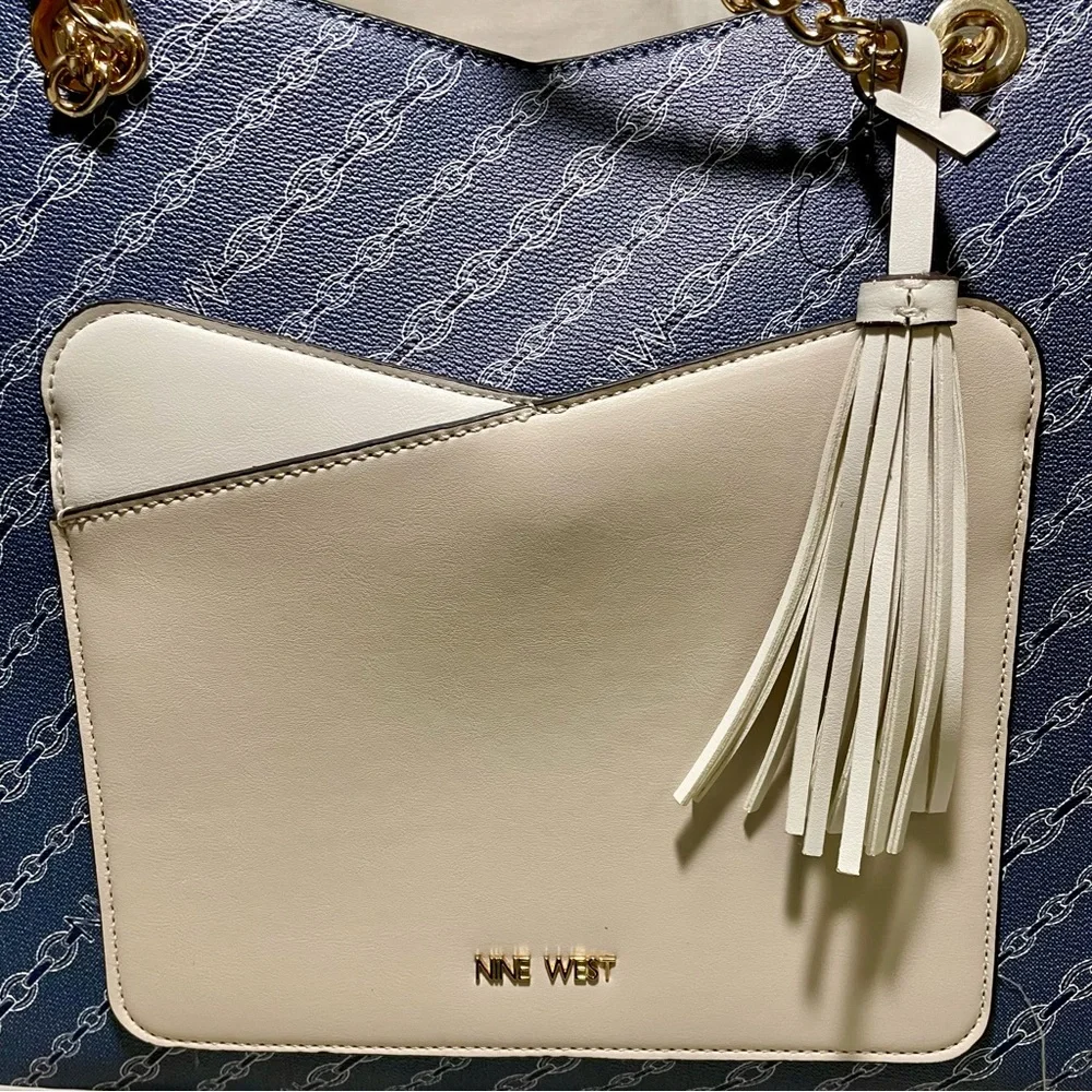 Nine West Navy Chain Link Design with Cream/White Accent Tote, NWOT