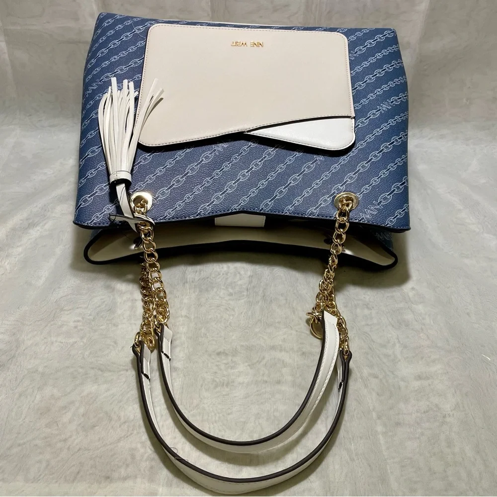 Nine West Navy Chain Link Design with Cream/White Accent Tote, NWOT