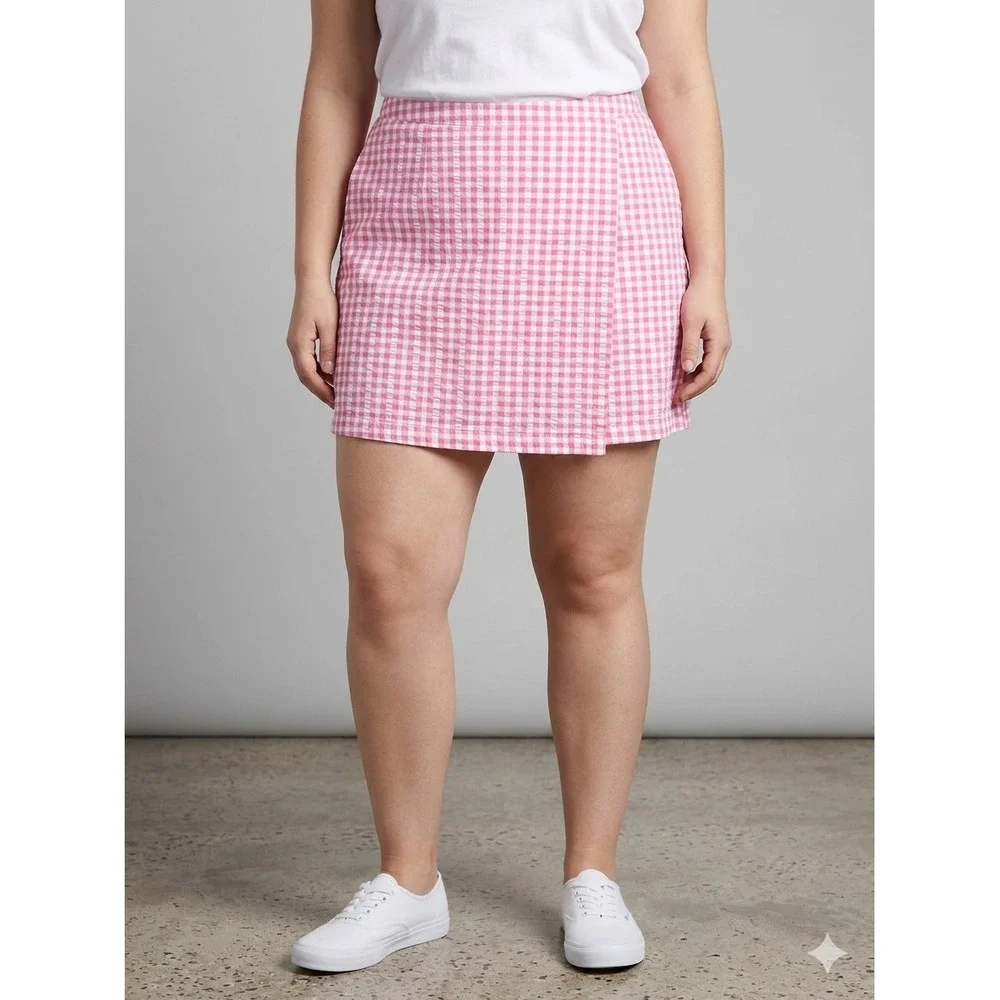 Liz Claiborne Lizsport Pink Gingham Seersucker Skort Wrap Front Summer Shorts XL