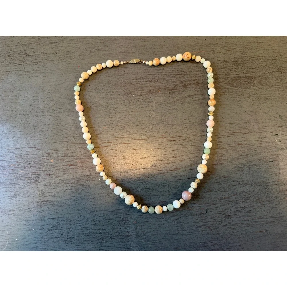 Vintage Beaded Stone Faux Pearl Necklace Earth Tone Pastel Gold Tone Clasp 24in