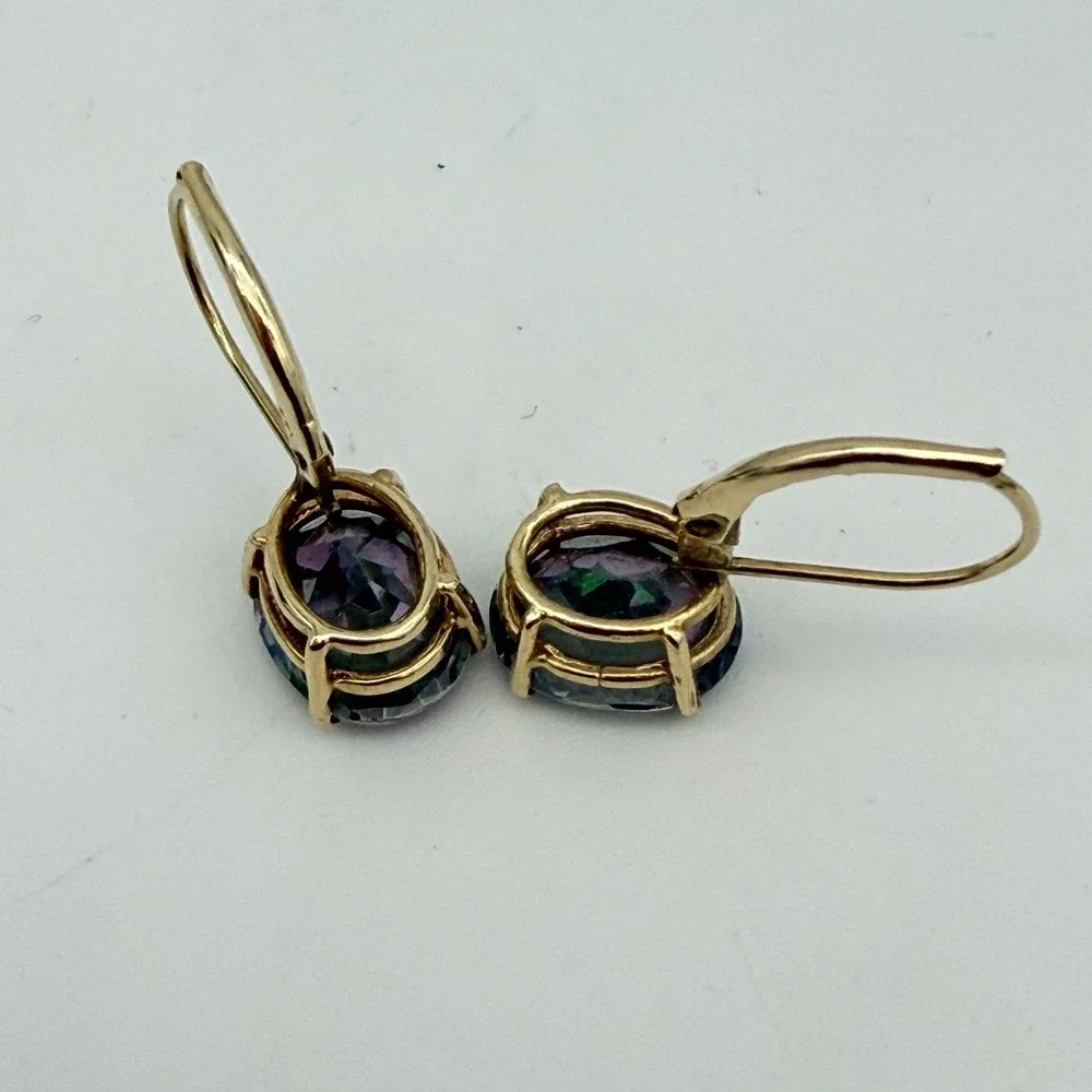 Designer 14K Yellow Gold Mystic Topaz Earrings Dangle Lever Back 8x10 Mm 2.84 Gr