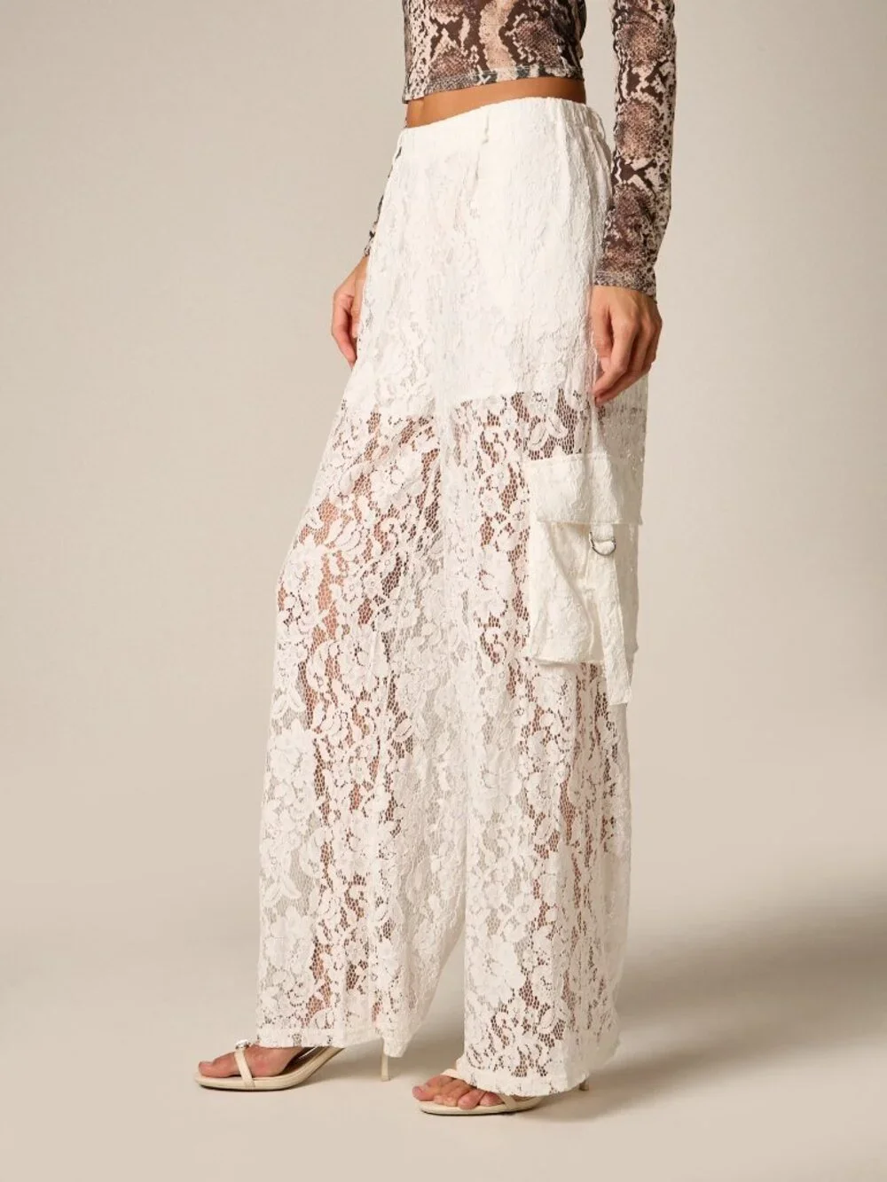 White Elegant Women's Wide Leg Cargo Pants with Floral Lace Utility Pockets