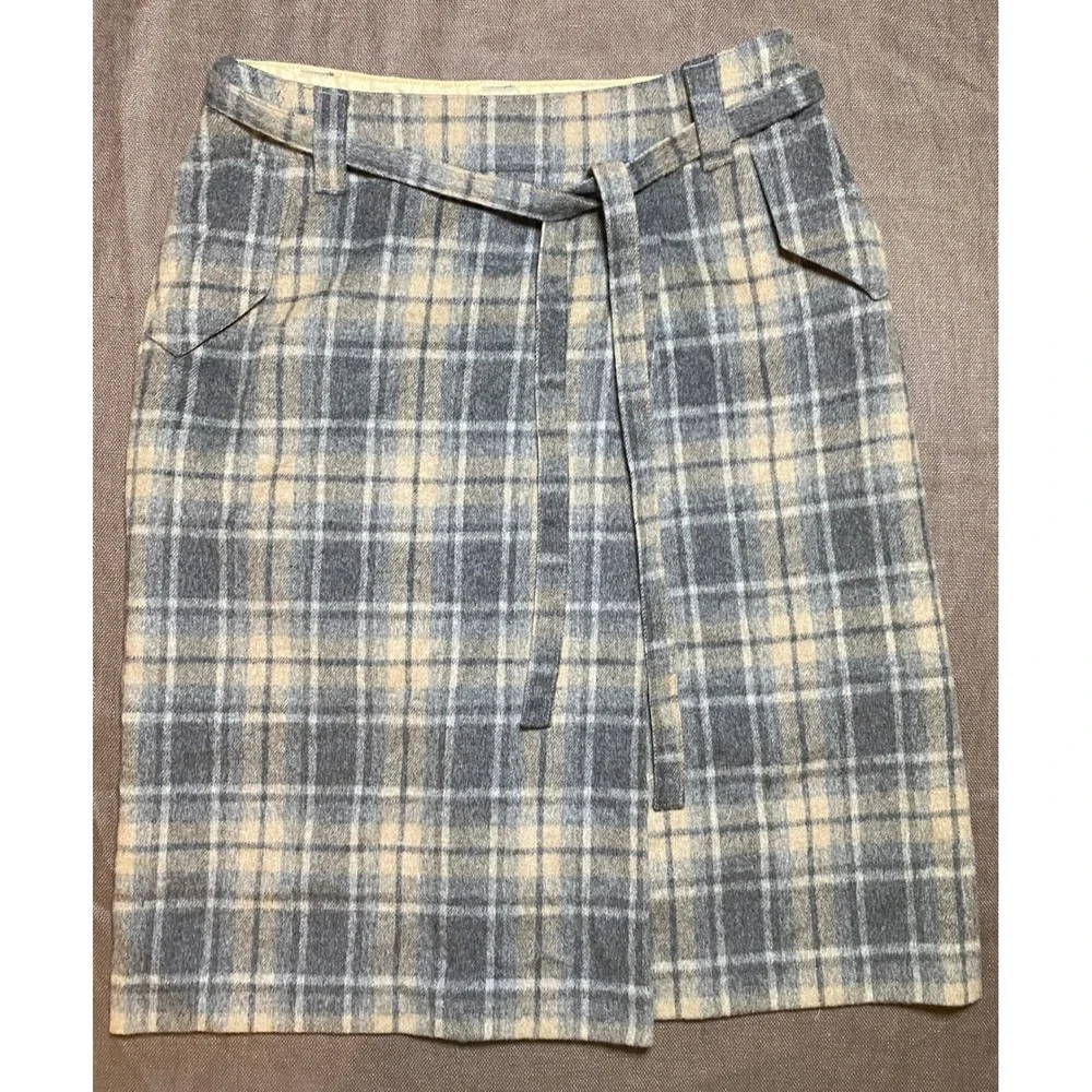 Talbots‎ Plaid Wool Blend Belted Knee Length Skirt Women Size 4 Gray Beige