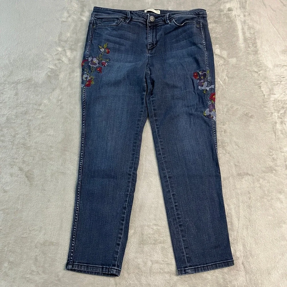 J. Jill Authentic Fit Slim Ankle Jeans Womens 10 Blue Floral Embroidered Denim