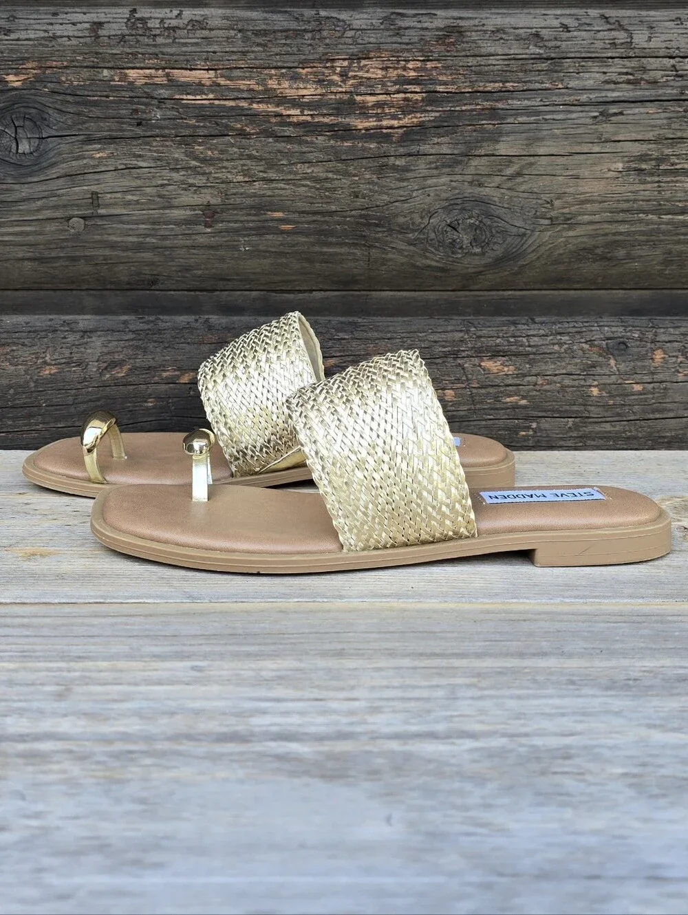 Steve Madden Dacey Y2K Coastal Boho Metallic Woven Toe Ring Slide Sandals 7M