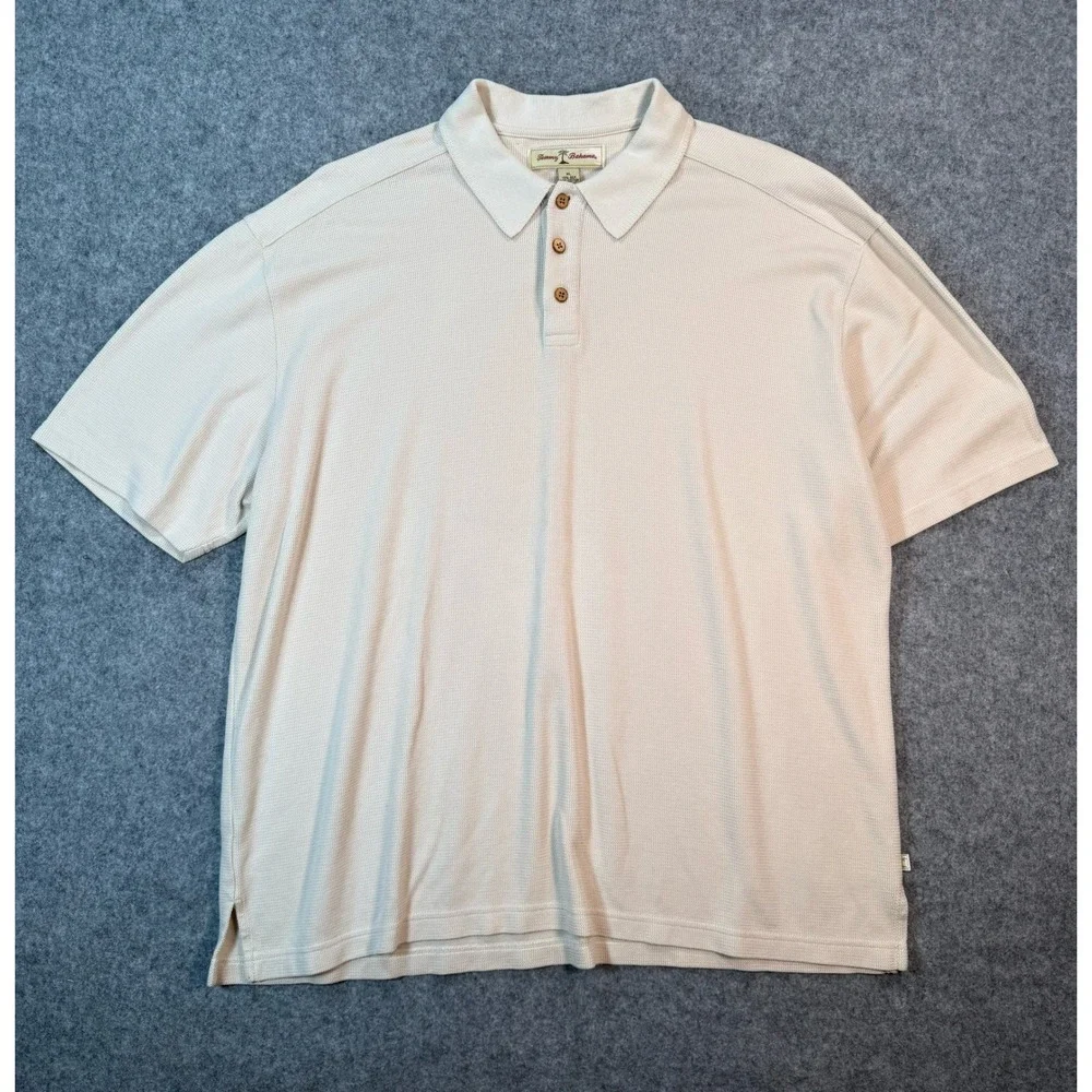 Tommy Bahama Mens XL Silk Cotton Polo Shirt‎ Cream Textured Short Sleeve Luxury