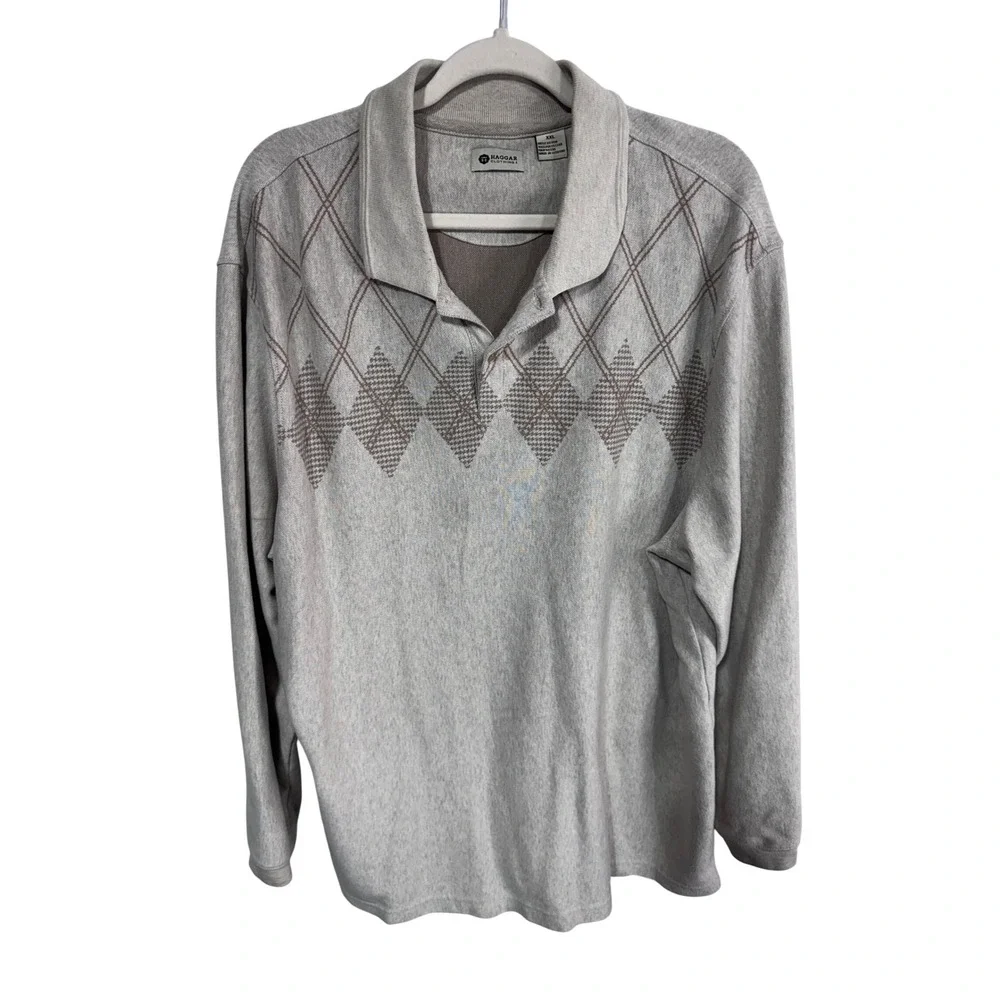 Haggar XXL Beige Polo Shirt Men's Long Sleeve Argyle‎ Casual