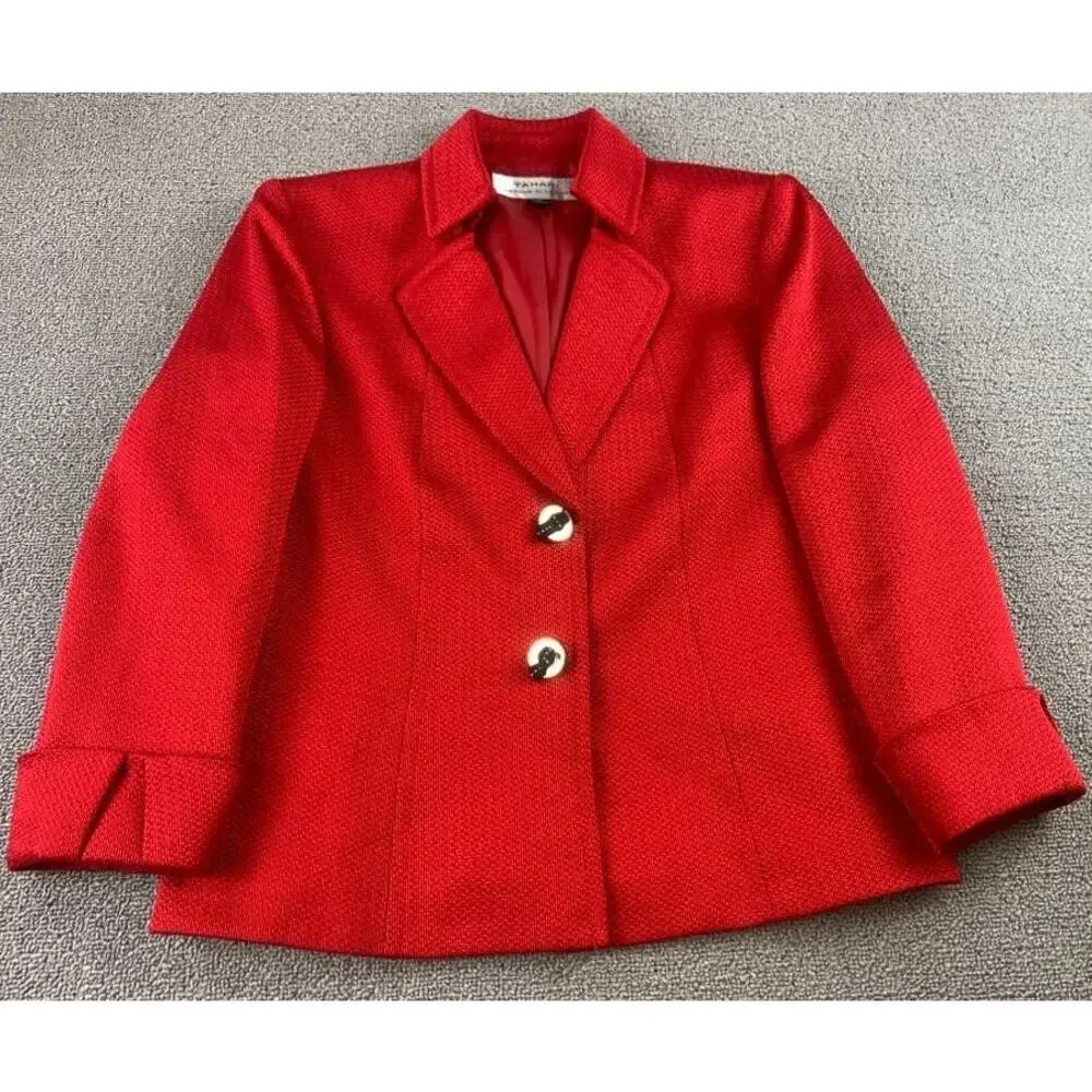 Y2K Tahari Arthur S Levine Blazer Women 4 Red Two Button Notch Lapel Long Sleeve