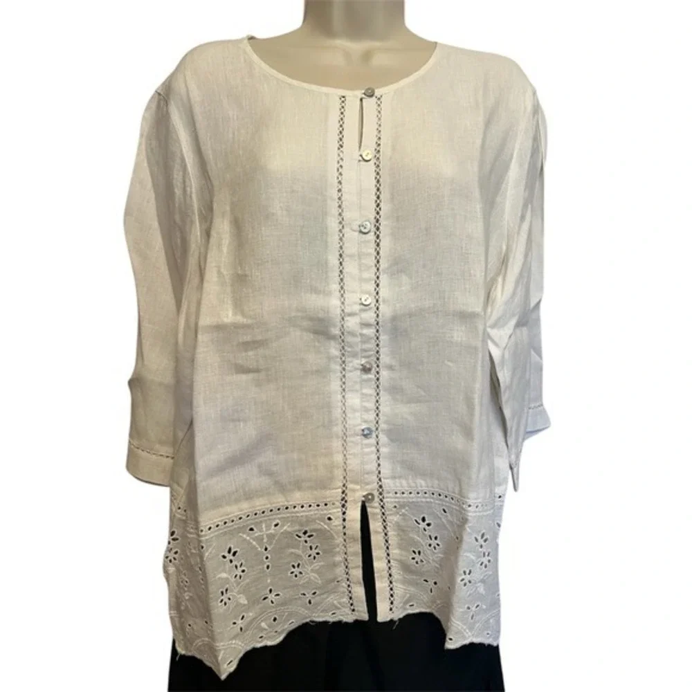 J. Jill Love Linen White Eyelet Embroidered Button Front Top‎ Large Petite LP