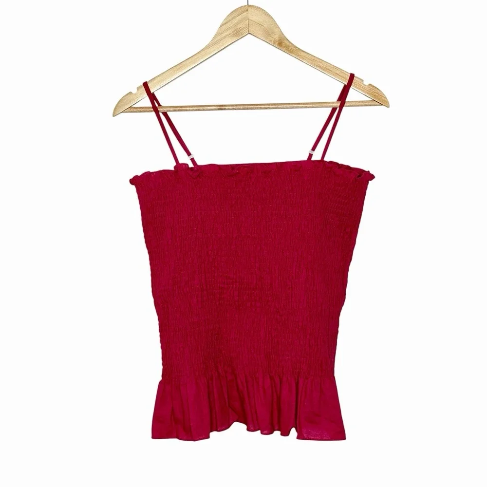 Maeve Smocked Linen Cotton Tank Top Pink Womens M Strappy Summer Preppy Ruffled