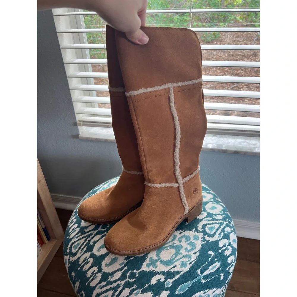 Timberland Suede Boots Tall Knee High Shearling Trim‎ Brown Boots