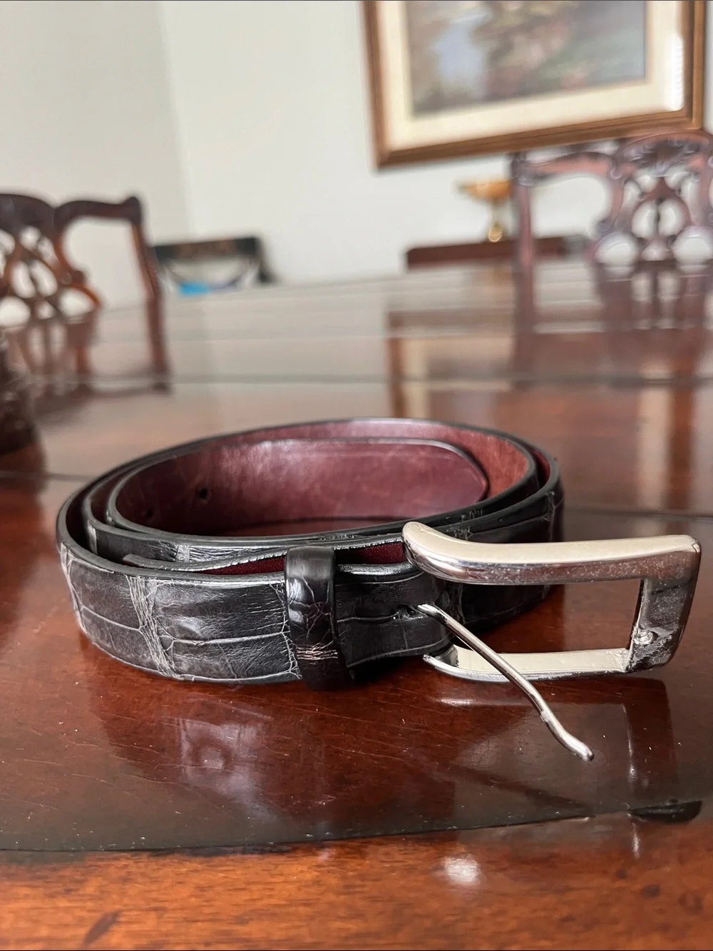 W. Kleinberg Black American alligatorBelt with Silver Buckle and Maroon Interior