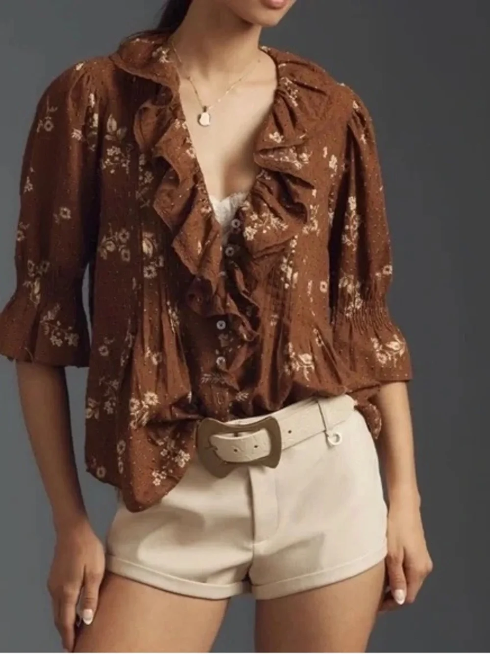 Anthropologie Brown Floral Ruffle Front Blouse