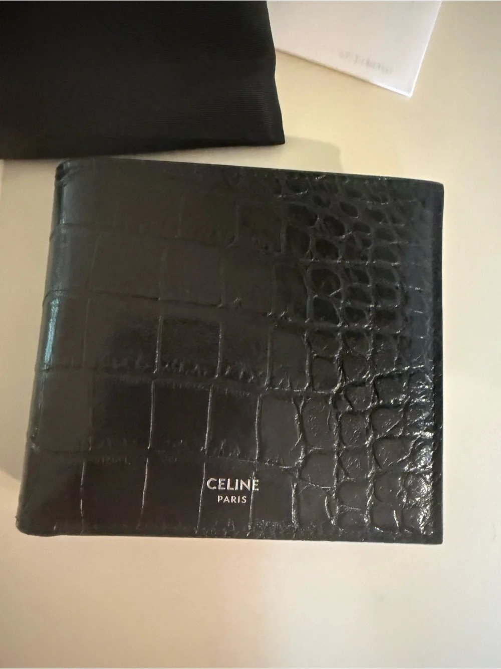 CELINE Black Crocodile-Embossed Calfskin Bi-Fold Wallet with Coin Compartment