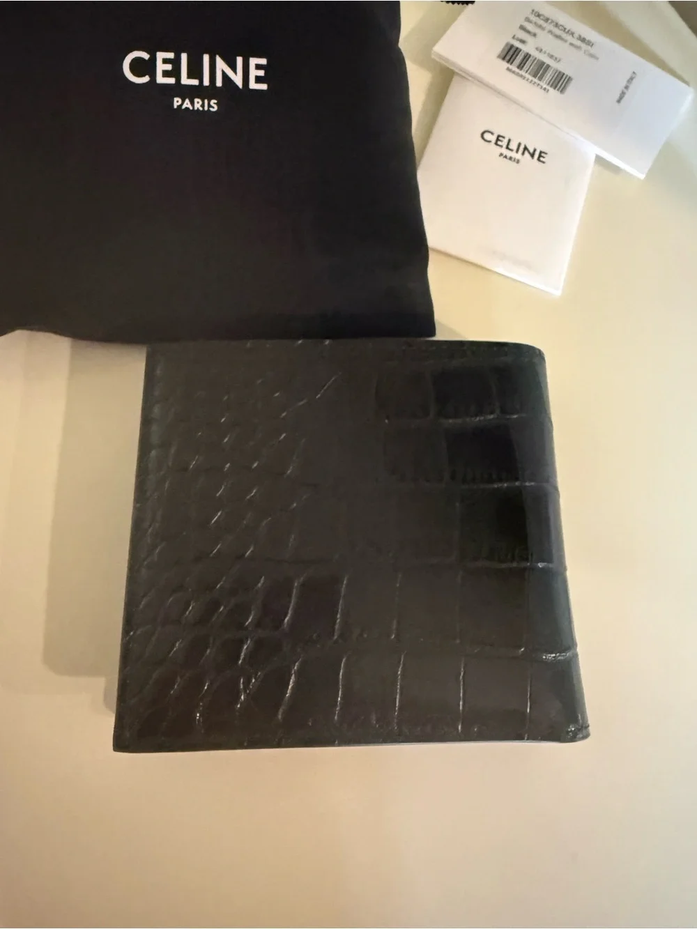 CELINE Black Crocodile-Embossed Calfskin Bi-Fold Wallet with Coin Compartment