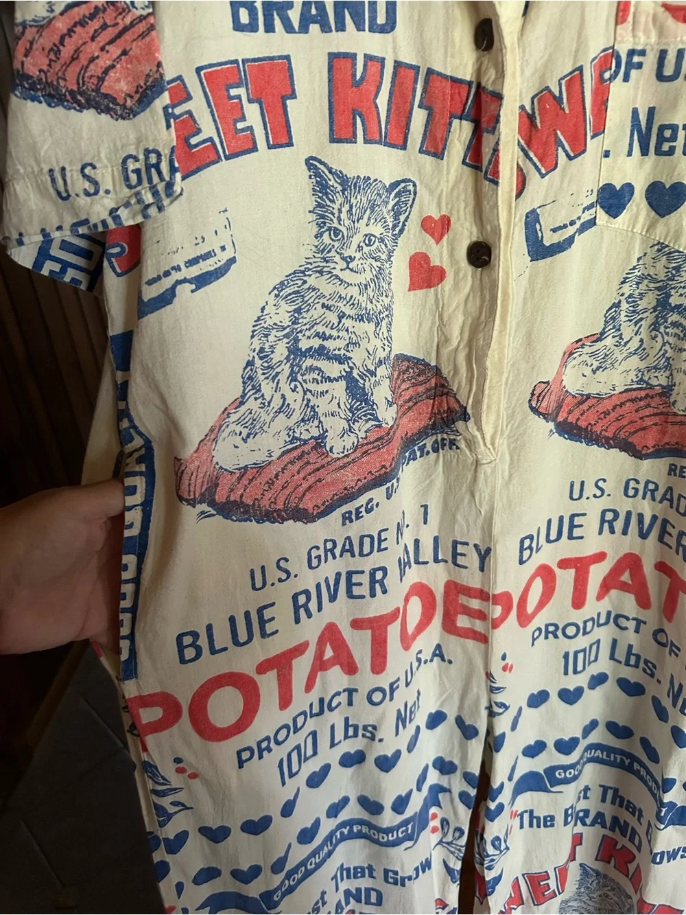 Vintage Sweet Kitten Cat Print Potatoes Short-Sleeve jumpsuit - Cream/Red/Blue