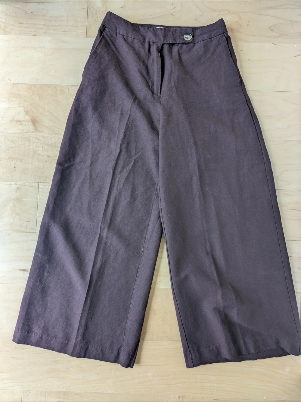H&M Chocolate Brown Cropped Wide-Leg Linen-blend Trousers - Size 0