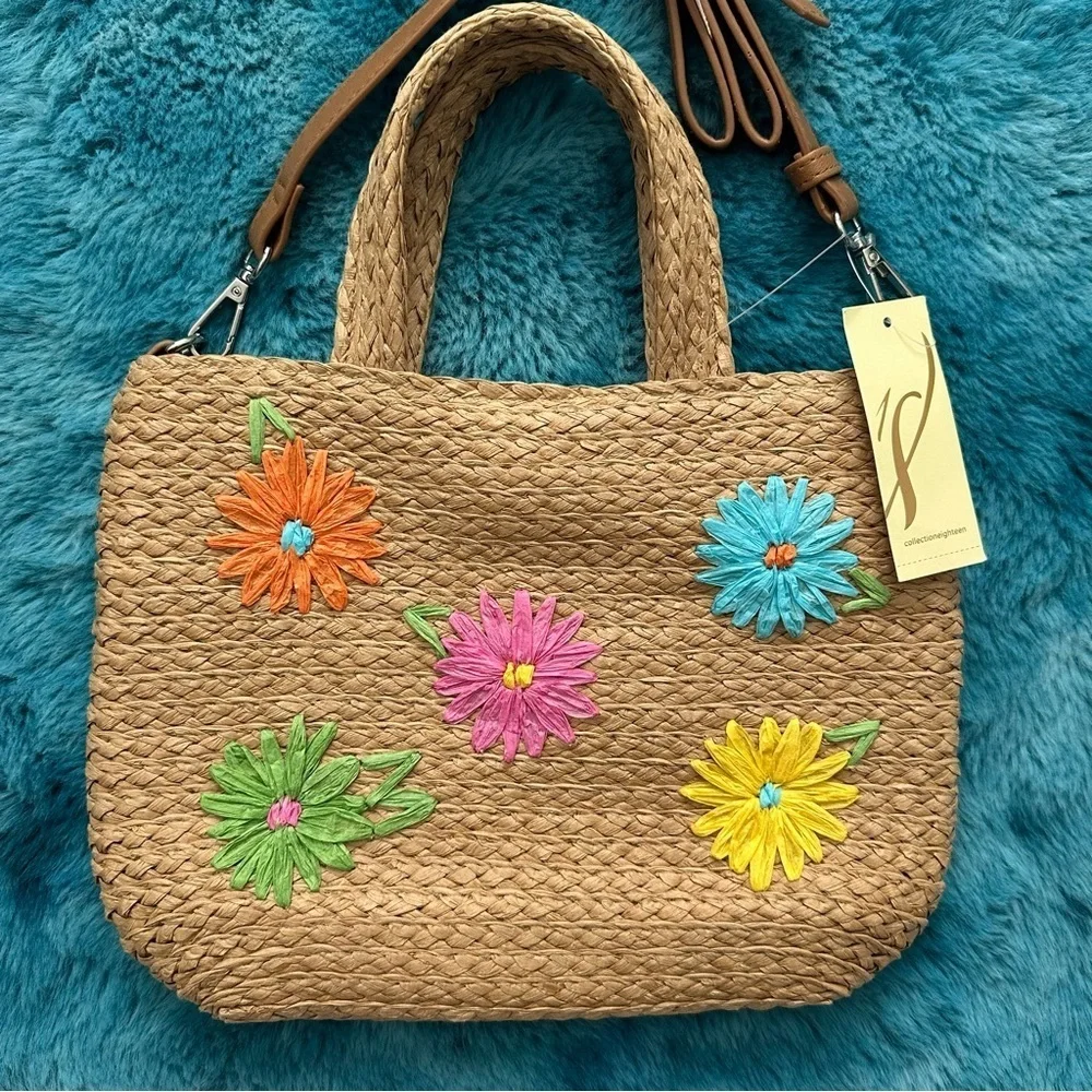 Vibrant Floral Embroidered Straw Tote