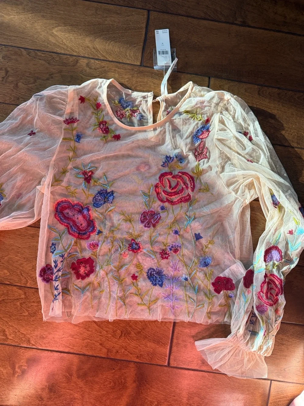 NWT Anthropologie Mesh Sheer Embroidered Floral Blouse in Nude
