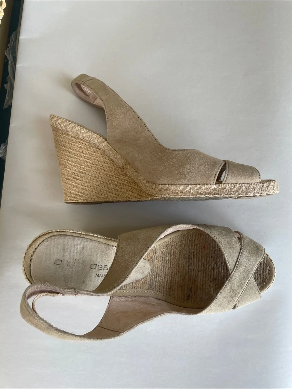 Andre Assous Taupe Suede Crisscross Slingback Wedge Sandals