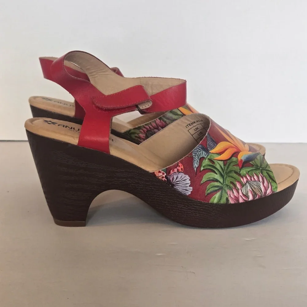 Anuschka US 9 Tropical Floral Leather Platform Heel Sandals Red