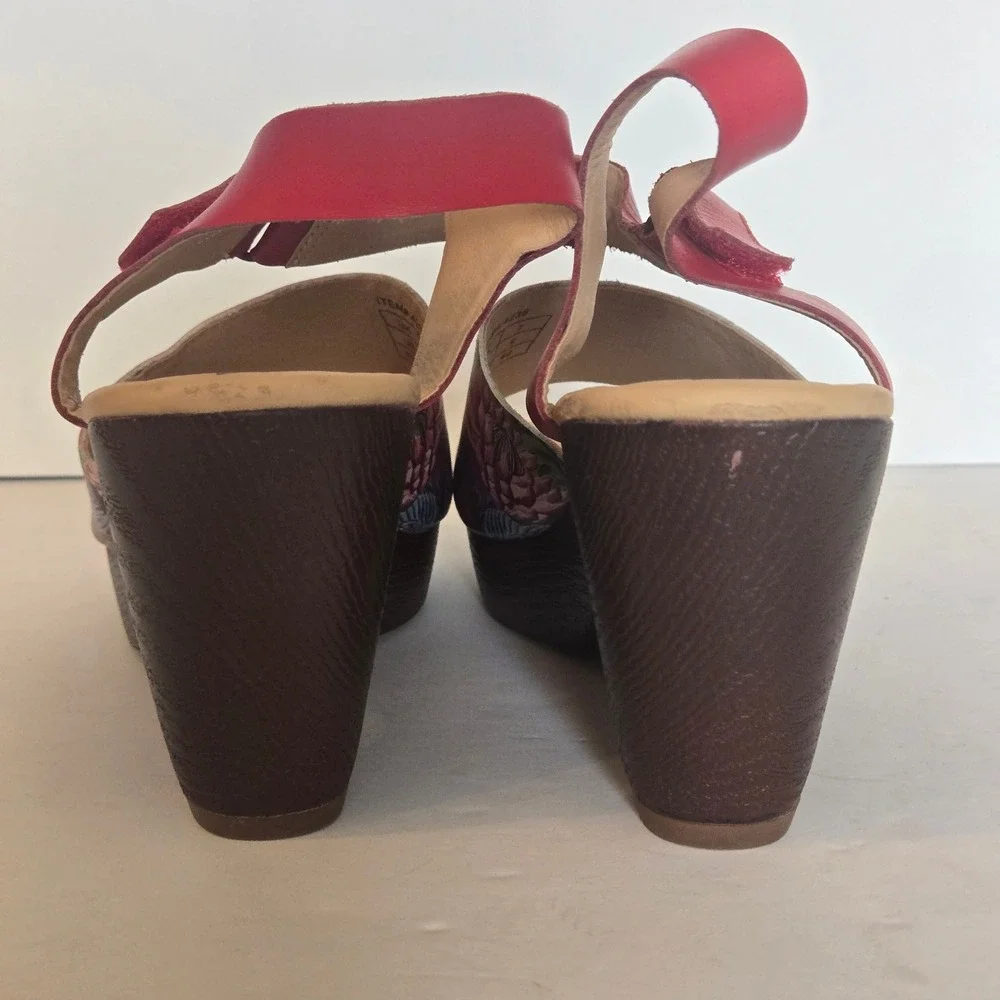 Anuschka US 9 Tropical Floral Leather Platform Heel Sandals Red