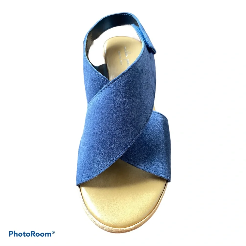 MILA PAOLI Navy Suede Leather Platform Wedge Sandals Crisscross Slingback 10