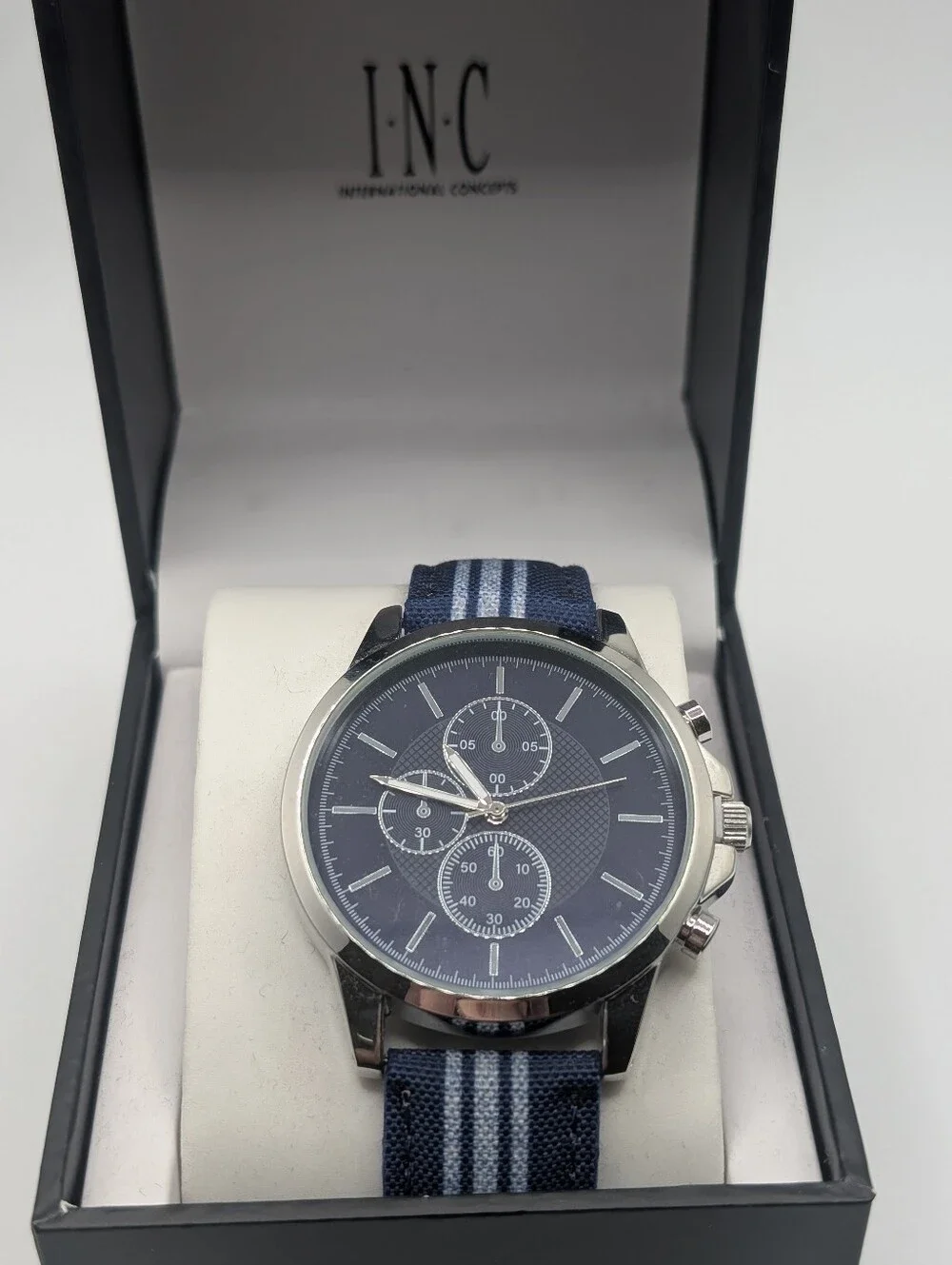 INC INTERNATIONAL CONCEPTS Men's Blue & White Striped Denim Strap Watch 42mm