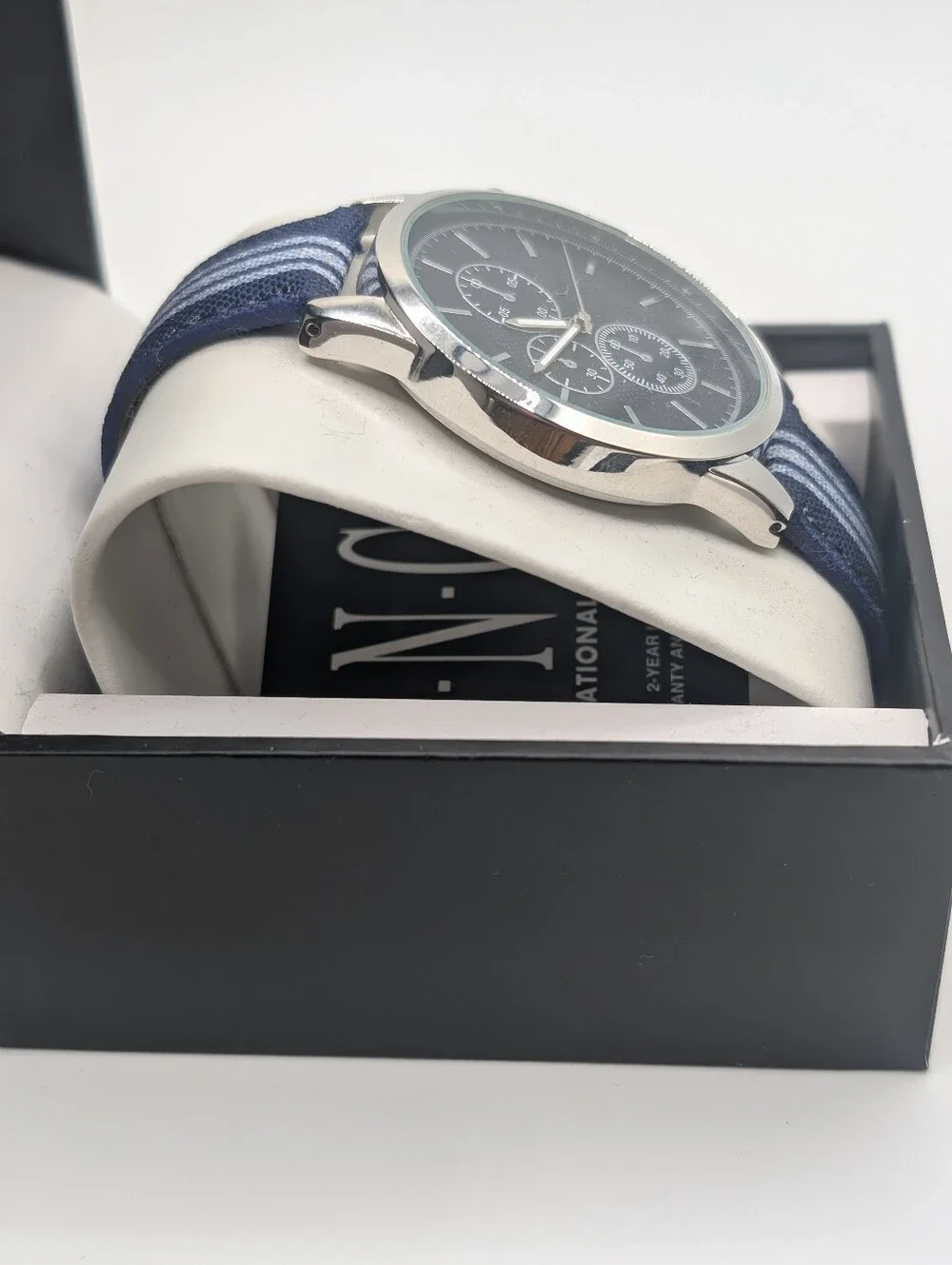 INC INTERNATIONAL CONCEPTS Men's Blue & White Striped Denim Strap Watch 42mm