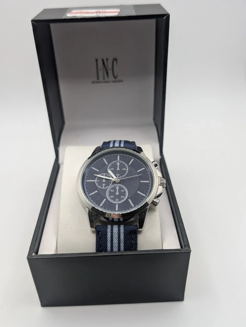 INC INTERNATIONAL CONCEPTS Men's Blue & White Striped Denim Strap Watch 42mm