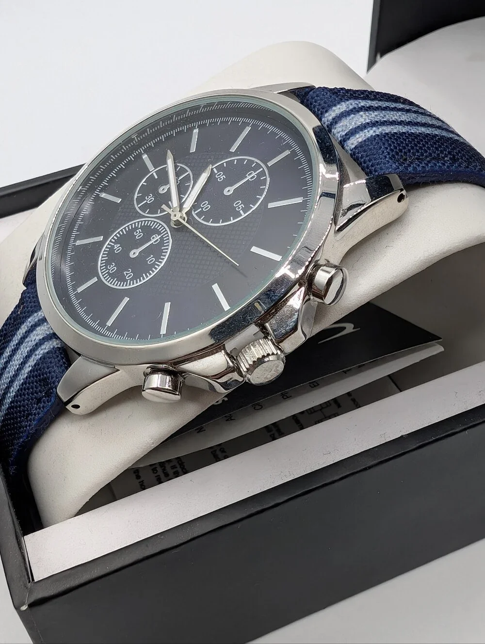 INC INTERNATIONAL CONCEPTS Men's Blue & White Striped Denim Strap Watch 42mm