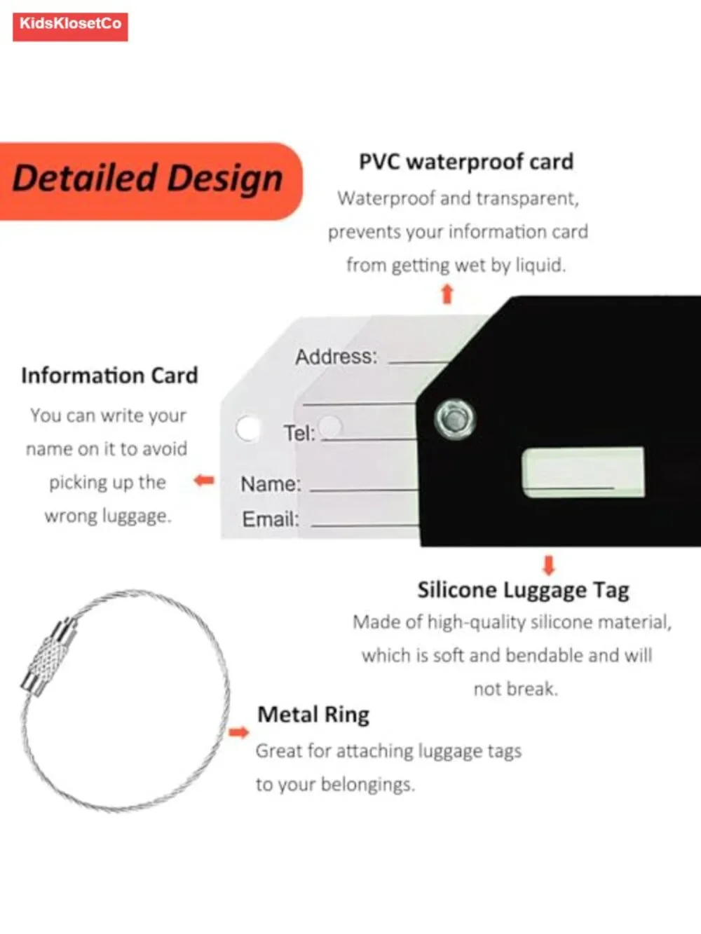 Silicone Luggage Tags 5 Pack Suitcase Name Tags with Cards Stainless Steel Loop