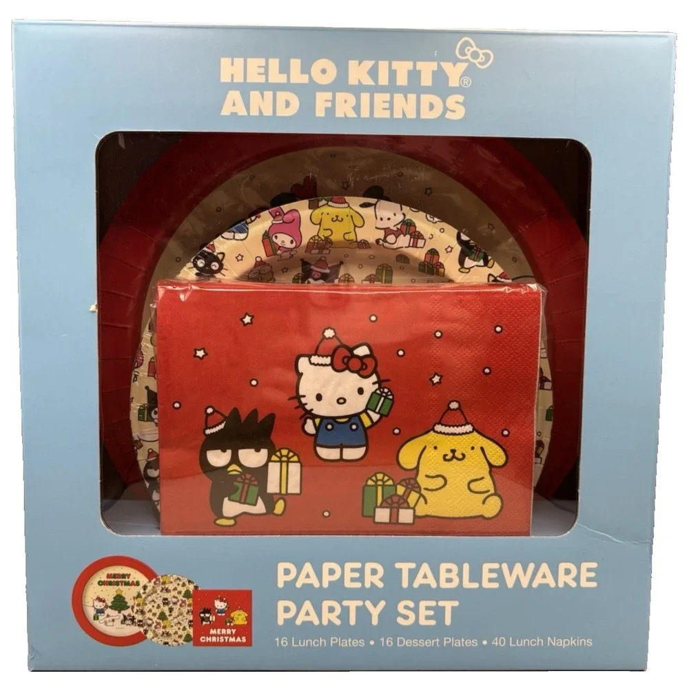 Hello Kitty Paper Tableware Party Set Merry Christmas Tree Gifts NEW In Box