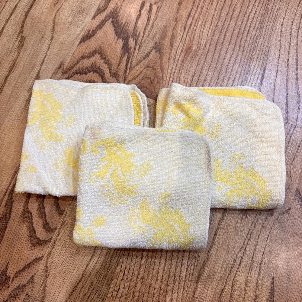 Vintage Yellow Damask Washcloths Set of 3‎ Cotton Floral Scroll Bathroom Linens