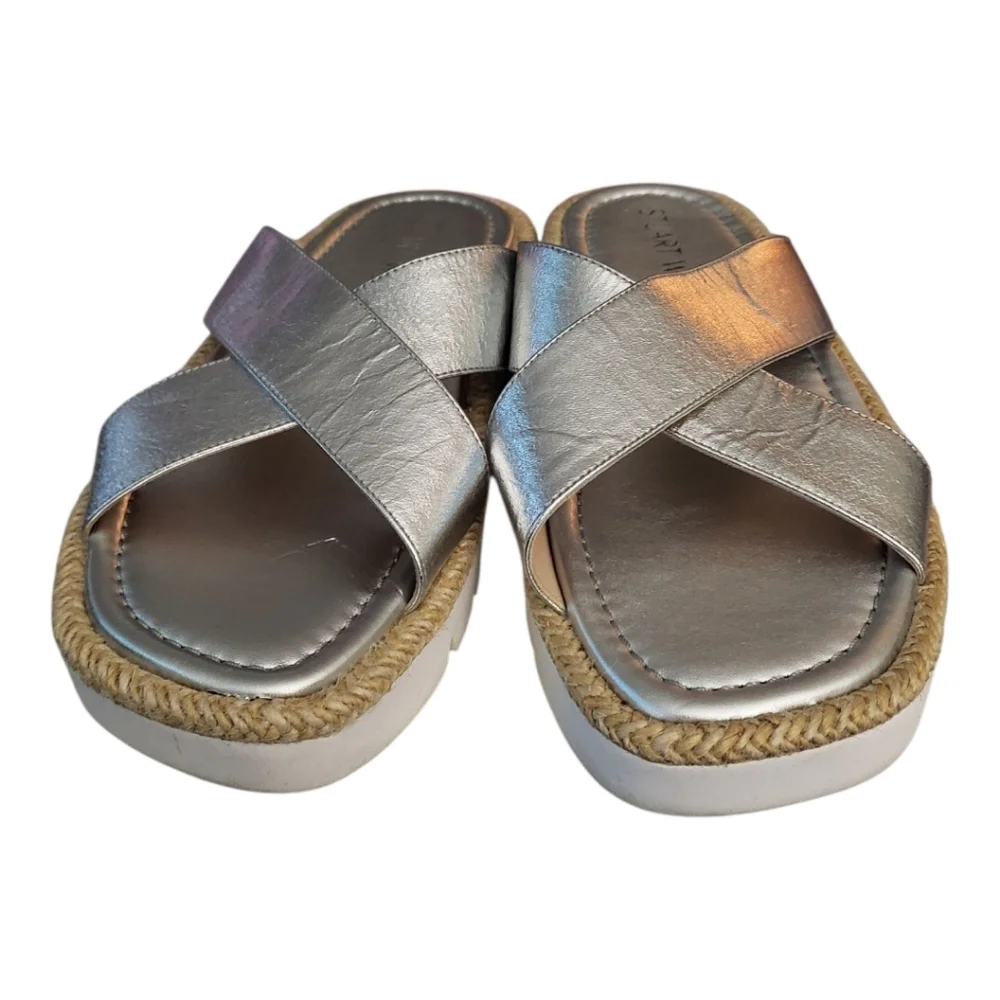 Stuart Weitzman‎ Roza Lift Slide Sandals in Silver 7.8 (Fits As 8.5)
