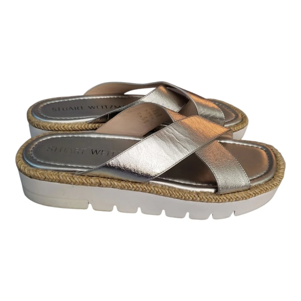Stuart Weitzman‎ Roza Lift Slide Sandals in Silver 7.8 (Fits As 8.5)